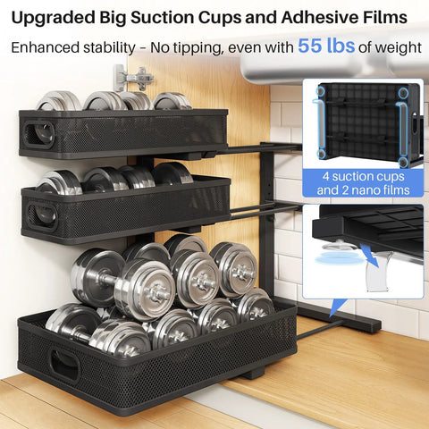 No Sweat Slick 3 Tier Under Sink Organizer Height Adjustable Metal Pull Out Cabinet Shelf With Smooth Glide Design For Zero Hassle Kitchen Pantry Bathroom And Laundry Storage 2 Pack Black with weights on shelves.
