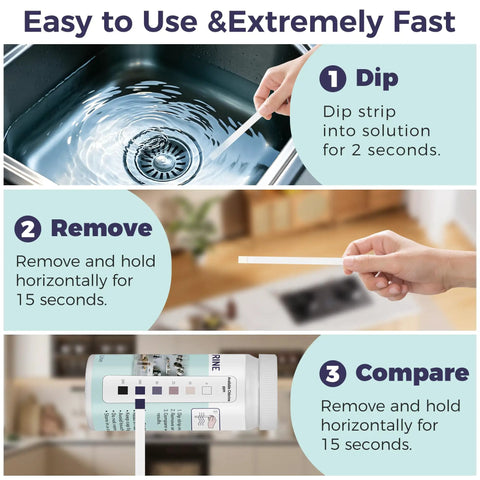 200 Chlorine Test Strips For Food Service Kitchens And Bars 0 To 200 PPM Sanitizer Test Kit For Restaurants Hotels And Food Trucks Easy To Use Fast Accurate Bleach Test Strips Value Pack in use steps