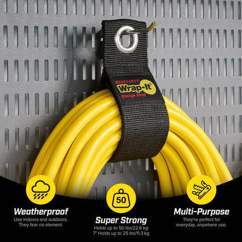 Heavy Duty Cable Organizer Strap holding yellow extension cord on wall in garage, part of 12 Pack for hanging cords tidy and tangle free