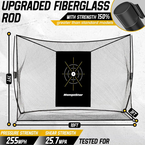 Heavy Duty 10x7ft Golf Practice Net For Backyard Driving with target cloth and fiberglass rod, front view.