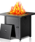 28 Inch Propane Fire Pit Table with open lid and flames, made of steel with lava rocks, for patio deck garden and outdoor gatherings