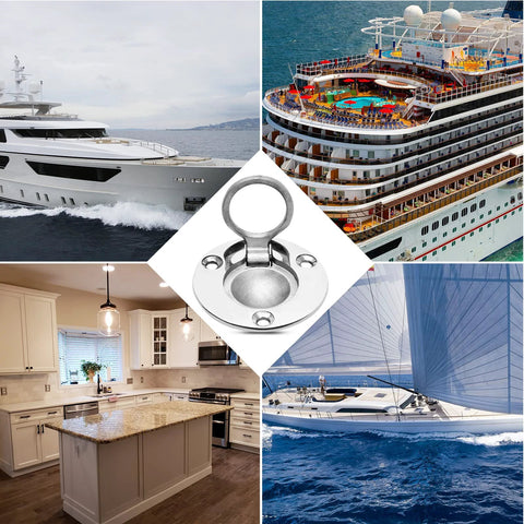 Round Flush Pull Ring Handle 316 Stainless Steel Recessed Pull for boats and furniture with yacht and kitchen background