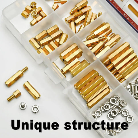 Sick Kickass M2 M3 Hex Brass Standoff Spacers Hardware Kit With Matching Nuts Screws Bolts 240 Piece Assortment showing gold hex spacers and nuts.
