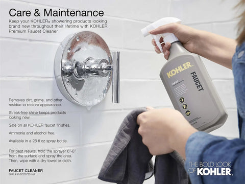 Person cleaning a shower faucet with Kohler cleaner, hand holding a cloth, illustrating care for Forte Multifunction Handshower