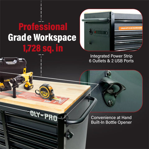 72 Inch Heavy Duty Mobile Tool Chest On Wheels With Solid Wood Top Workbench, 15 Drawer Rolling Tool Storage Organizer For Garage with power strip and bottle opener
