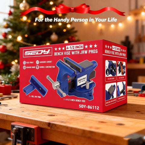 Product box of Heavy Duty Four And A Half Inch Tough As Nails Bench Vise With Multi Jaw Design for woodworking and metalworking.