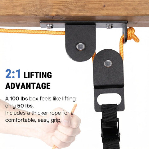 Close-up view of the garage ceiling cargo hoist with metal pulley system capable of holding 150 lbs, showcasing the lifting advantage.