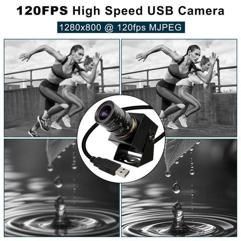 Top Tier High Speed Monochrome Usb Camera Boasting Rock Solid Global Shutter Tech Cuts Rolling Artifacts Dead Flat showing zoom lens and USB connection.
