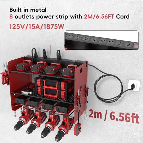 Power Tool Organizer Wall Mount With Charging Station For Garage And Workshop, 3 Layer Storage Rack, 4 Drill Storage Shelves With Hooks, Heavy Duty Drill Bit Rack, 8 Outlet Power Strip, Pegboard Mount