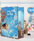 DIY Book Nook Kit For Adults With 3D Wooden Puzzle Bookend And Shelf Insert, Totally Cozy Library Decor For Shelves, Miniature House Kit With Body Motion Sensor LED Light, Travel With The Wind Edition shown with colorful sky and balloons.