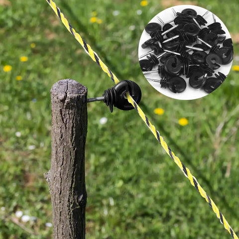 52 Piece Electric Fence Kit With 1640 Ft Poly Wire showing black fence ring insulators on wooden post