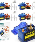 SG90 9G Micro Servo Motors With Beefed-Up Metal Gear, 4 Pack, fast 0.08s per 60° turn, shown with components and packaging