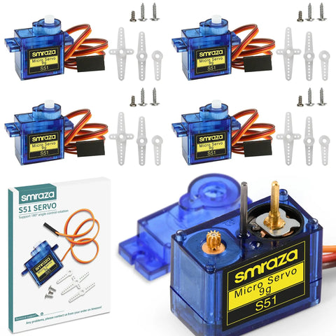SG90 9G Micro Servo Motors With Beefed-Up Metal Gear, 4 Pack, fast 0.08s per 60° turn, shown with components and packaging