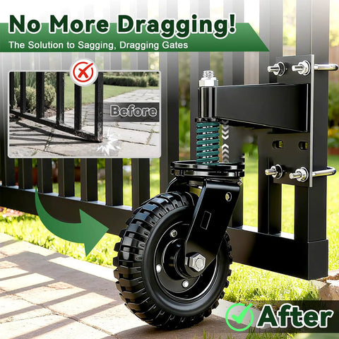 6 Inch Heavy Duty Gate Wheel With 360 Degree Swivel Roller mounted on a fence, demonstrating solution to sagging gates.