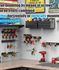 Modular Pegboard Strip Storage System with 3 wall mount strips, 16 pegboard hooks, 4 double hooks, tools organized in garage.