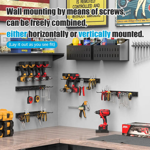 Modular Pegboard Strip Storage System with 3 wall mount strips, 16 pegboard hooks, 4 double hooks, tools organized in garage.