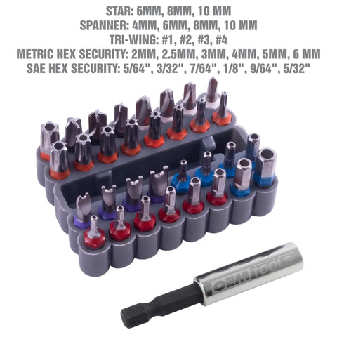 33 Piece Tamper Proof Security Bit Set With One Quarter Inch Hex Bit Holder Includes Torx Hex Tri Wing Spanner And Star Security Bits in holder