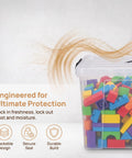 Heavy Duty 90 Quart Clear Storage Bins With Lids Six Pack holding colorful building blocks, stackable design with secure lid.