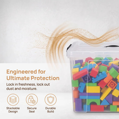 Heavy Duty 90 Quart Clear Storage Bins With Lids Six Pack holding colorful building blocks, stackable design with secure lid.