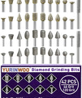 Diamond Grinder Bits Kit 46 And 120 Grits One Eighth Inch Shank 42 Piece Stone Carving Drill Bits shown in different shapes.
