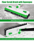 Image of a floor scrub brush with squeegee demonstrating cleaning action on tiles. Shows stiff bristles and water removal.