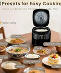 Compact 2.1 Quart Smart Rice Cooker With Steamer Basket, showing 10 functions with various dishes on a dining table.