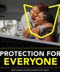 Two people smiling embrace with 'Protection for Everyone' text overlay, indoors. Raid products provide protection from insects.