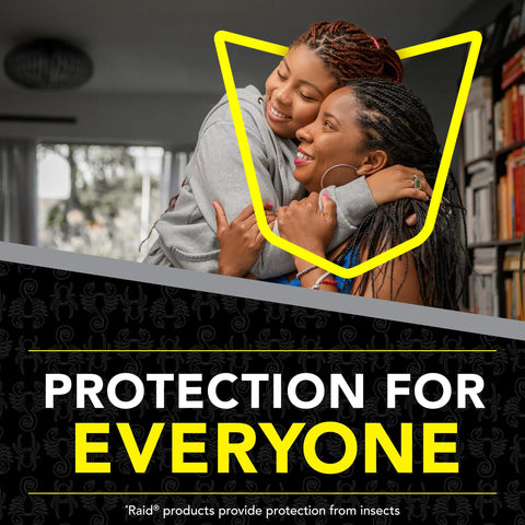 Two people smiling embrace with 'Protection for Everyone' text overlay, indoors. Raid products provide protection from insects.