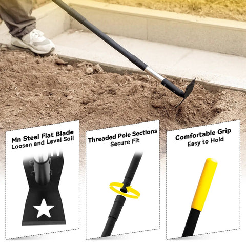 Mn steel blade of Stand Up Weed Puller With 68 Inch Long Handle, 2 In 1 Weed Rake And Garden Hoe Combo loosening soil.
