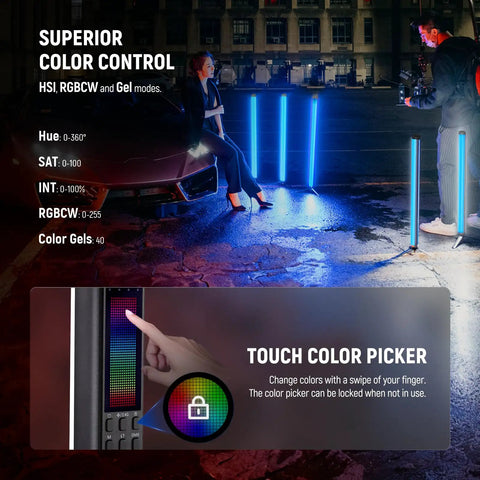Handheld TL60 RGB Tube Light 20W Full Color LED Video Wand With App 2 4G DMX Control, setup for outdoor shoot, showcasing color control