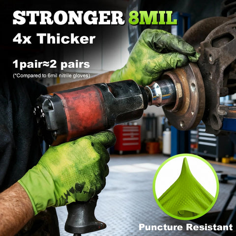TitanFlex green nitrile gloves, 8-mil, large; box of 100, puncture resistant.