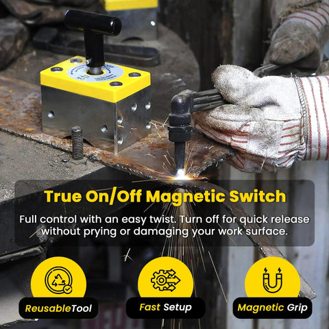 150 Lb Switchable Magnetic Workholding Squares Two Pack For Welding And Fabrication in action with highlighted features