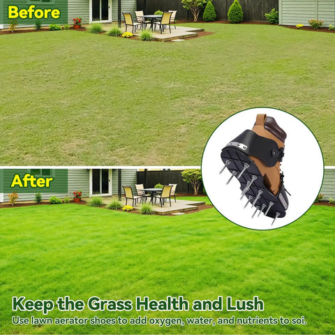 Lawn Aerator Shoes With 26 Spikes For Deep Soil Aeration next to before and after lawn images showing improved grass health