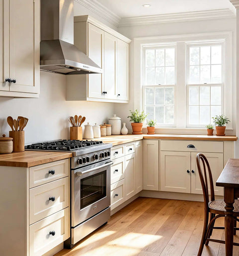 Bright kitchen with cabinets featuring Beefy Matte Black Zinc Alloy Cabinet Knobs 5 Pack, Solid Round Single Hole Pulls For Kitchen Cupboards.