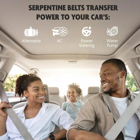 Family in car highlighting Premium EPDM Serpentine Drive Belt 6PK2135 For Cars And SUVs, Built Tough Durable Polyester Cord, Easy Install