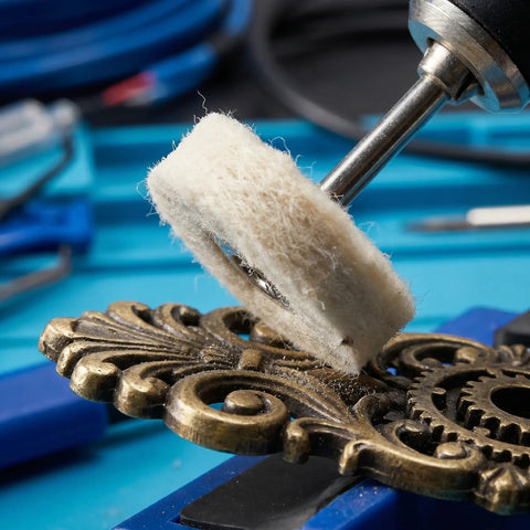Close-up of No Doubt A Super Clean Mini Nylon Polish Brush Set polishing a brass decorative piece with a rotary tool.