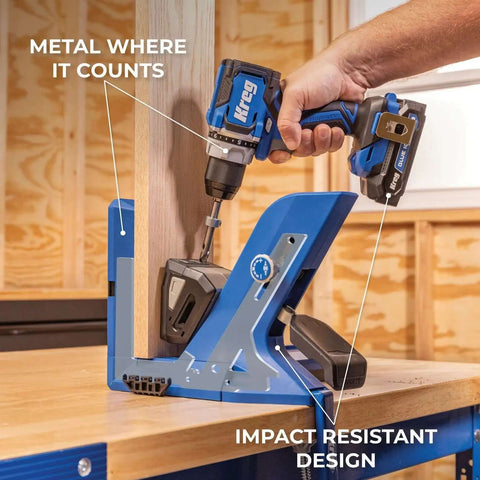 Top Shelf Pocket Hole Jig 720 Pro With Killer 20 Volt Cordless Drill Driver Combo Kit, showing metal components and impact resistant design.