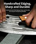 Sharpening a Two Piece Meat Cleaver Knife Set on stone, Viking Style Kitchen Knives with wood handle, sharp and durable.