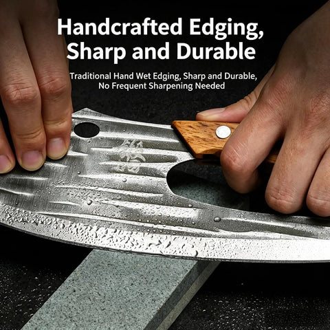 Sharpening a Two Piece Meat Cleaver Knife Set on stone, Viking Style Kitchen Knives with wood handle, sharp and durable.