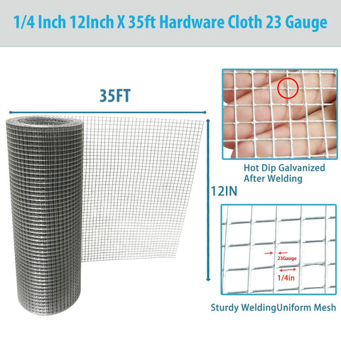 Premium Galvanized Hardware Cloth 1/4 Inch 23 Gauge Welded Steel Mesh Roll, 12x35 feet, ideal for chicken coops and garden fences.