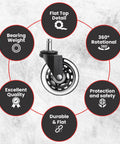 Heavy Duty Office Chair Wheels Pack Of 5 Black 7 Sixteenths By 7 Eighths Inch Smooth Silent Rolling For Hard Floors And Carpets Scratch Free Replacement For Long Lasting Use, showing a single wheel with benefits like flat top, weight bearing, and protection.