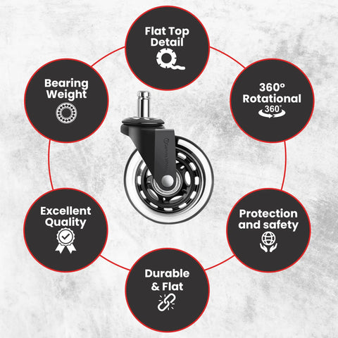 Heavy Duty Office Chair Wheels Pack Of 5 Black 7 Sixteenths By 7 Eighths Inch Smooth Silent Rolling For Hard Floors And Carpets Scratch Free Replacement For Long Lasting Use, showing a single wheel with benefits like flat top, weight bearing, and protection.