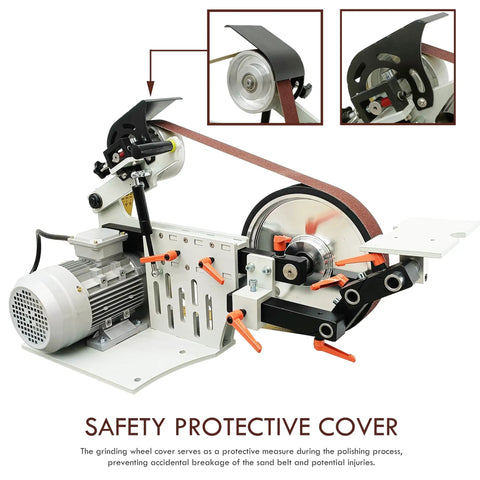 No Sweat Heavy Duty Bench Belt Sander Featuring Variable Speed Operation with safety cover and copper motor for knife sharpening.