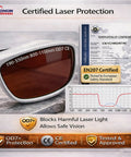 Badass Fiber Laser Safety Glasses Packing OD7 Protection For 532Nm And 1064Nm Waves with dark tinted lenses and sleek white frames.