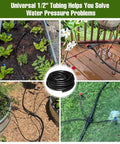100 Foot 1/2 Inch Drip Irrigation Tubing Kit With 10 Pack 1/2 To 1/4 Inch Fittings in garden setup with plants and flowers
