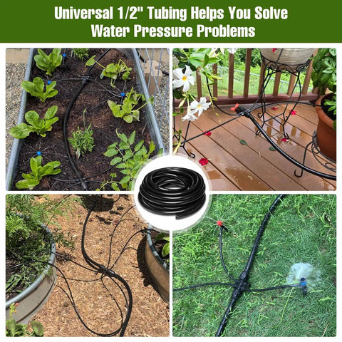 100 Foot 1/2 Inch Drip Irrigation Tubing Kit With 10 Pack 1/2 To 1/4 Inch Fittings in garden setup with plants and flowers