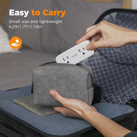 Compact 7 In 1 Wall Outlet Extender Converts One Socket To Four AC Outlets And Three USB Charging Ports Making Your Home Desk A Hella Smooth Charging Setup With Zero Sweat Ever Needed, being placed in a gray pouch.