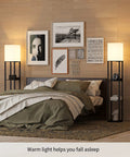 Bedroom with two Floor Lamp With Shelves Three Tier Wooden Display Shelves USB Ports And Power Outlet Dimmable LED