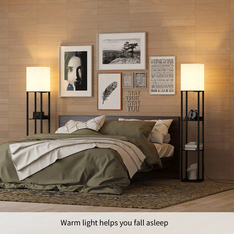 Bedroom with two Floor Lamp With Shelves Three Tier Wooden Display Shelves USB Ports And Power Outlet Dimmable LED