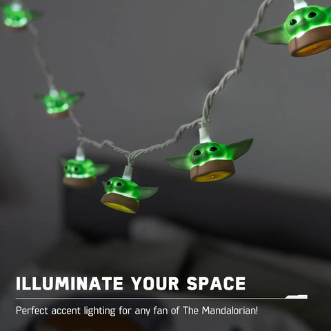Baby Yoda String Lights The Mandalorian Grogu 10 LED Indoor Outdoor 10 Foot 5000K Cool White Glow close-up in dark room